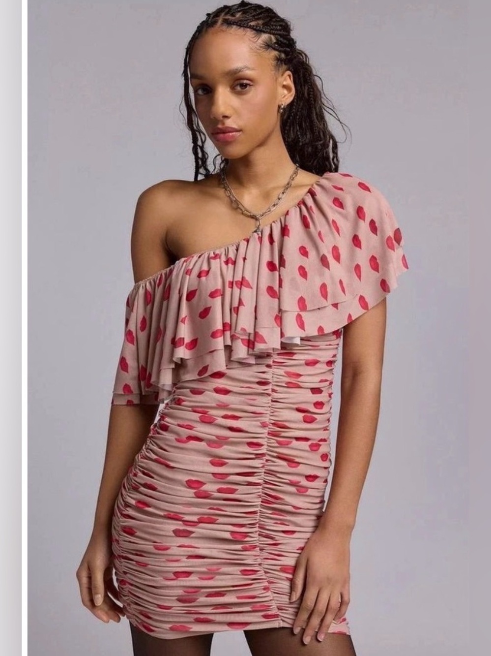 AFRM Vivian ruched mini dress w cute red lips pattern